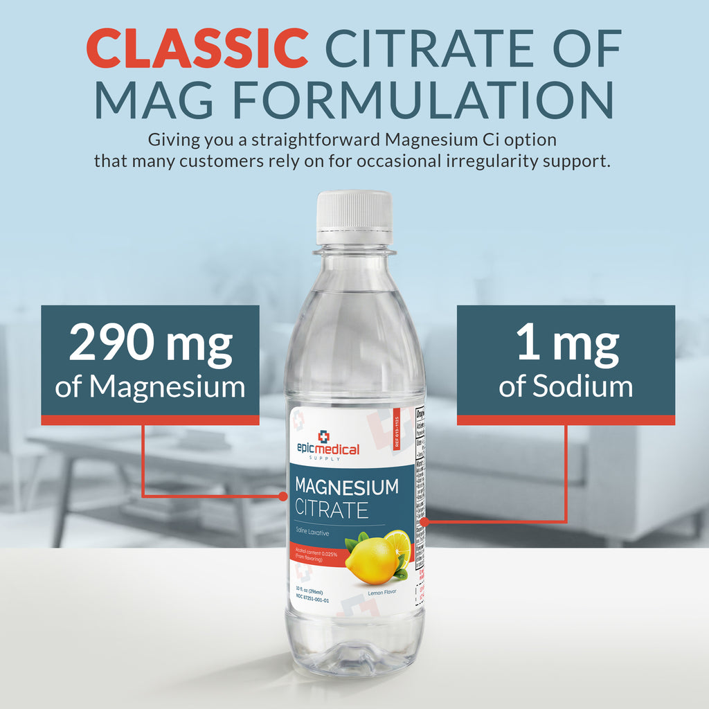 Epic Medical Supply Magnesium Citrate 10 fl oz – Lemon Flavor - Liquid Saline Laxative – for Occasional Constipation Support