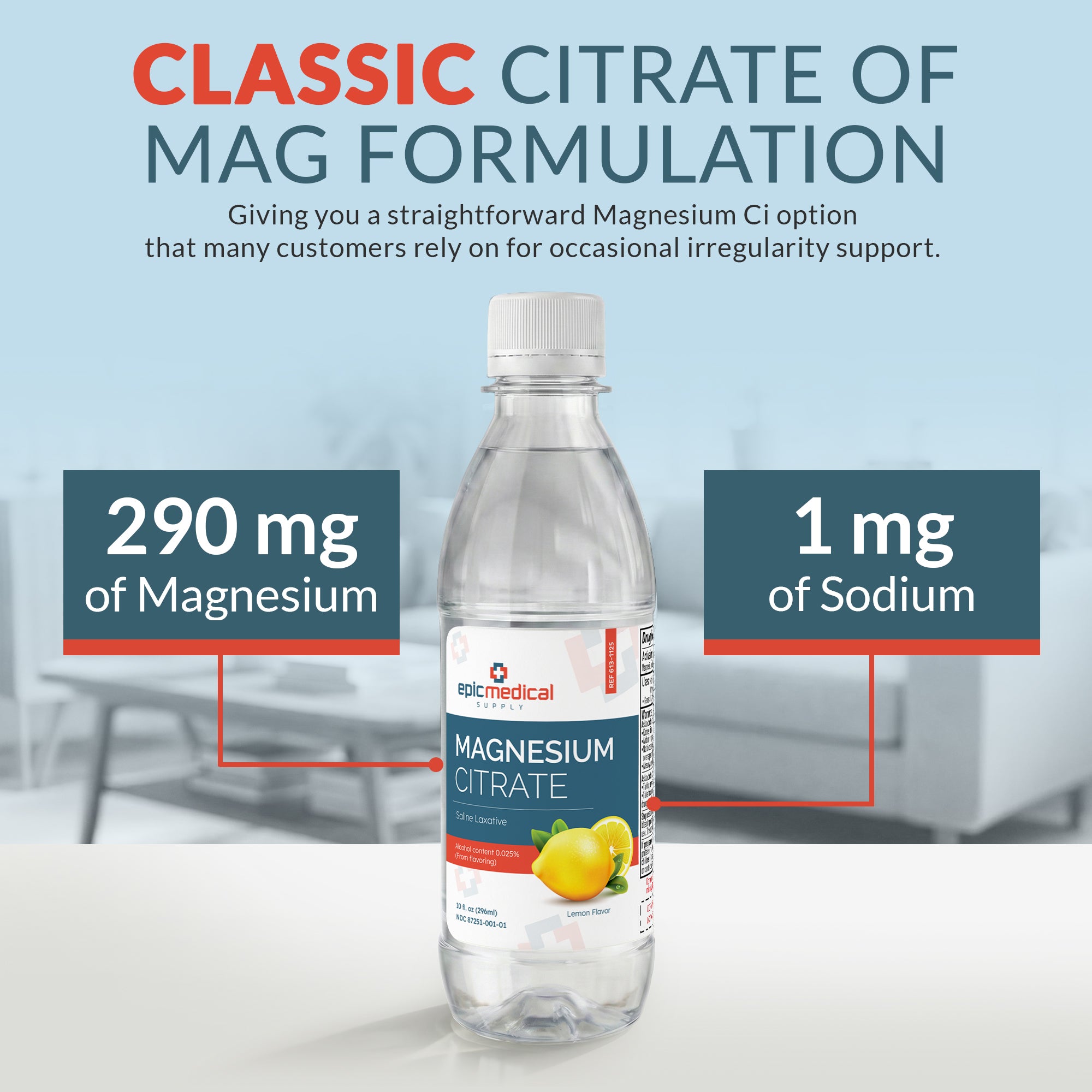 Epic Medical Supply Magnesium Citrate 10 fl oz – Lemon Flavor - Liquid Saline Laxative – for Occasional Constipation Support
