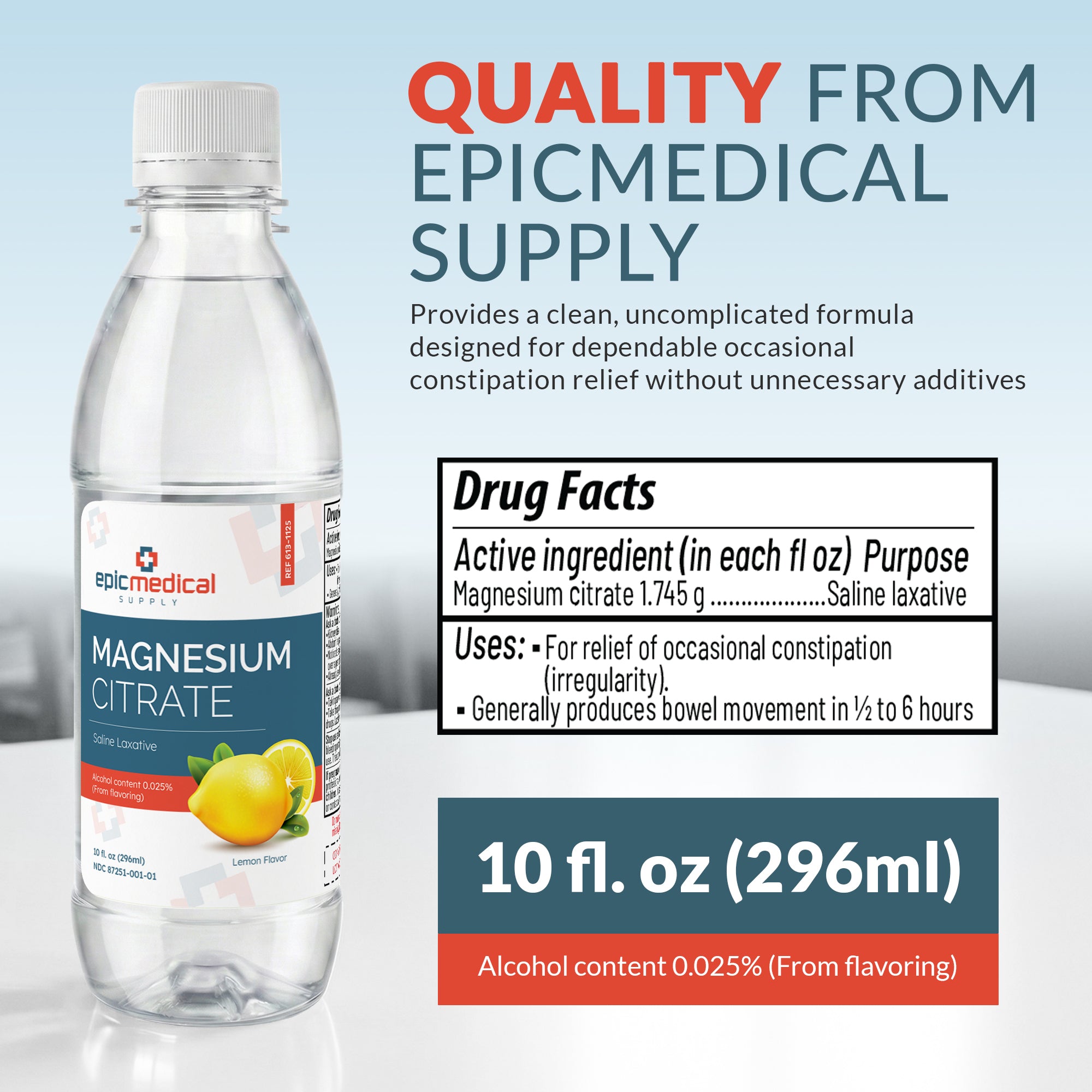 Epic Medical Supply Magnesium Citrate 10 fl oz – Lemon Flavor - Liquid Saline Laxative – for Occasional Constipation Support