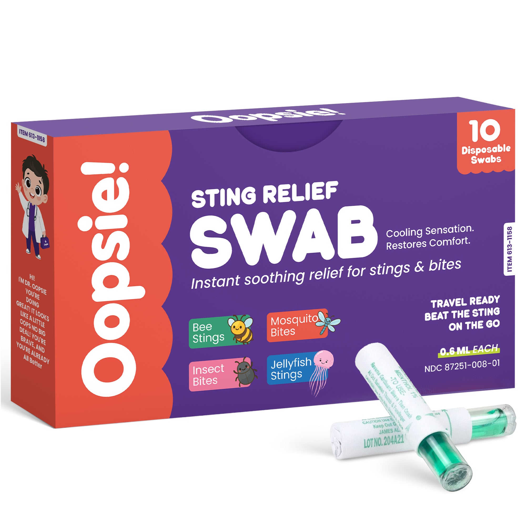 oopsie Sting Relief Swab – Instant Mosquito Bite Relief & Bug Bite Relief – Max Strength Benzocaine & Menthol – 10 Disposable Swabs for Insect Bites, Bee Stings, Jellyfish & More